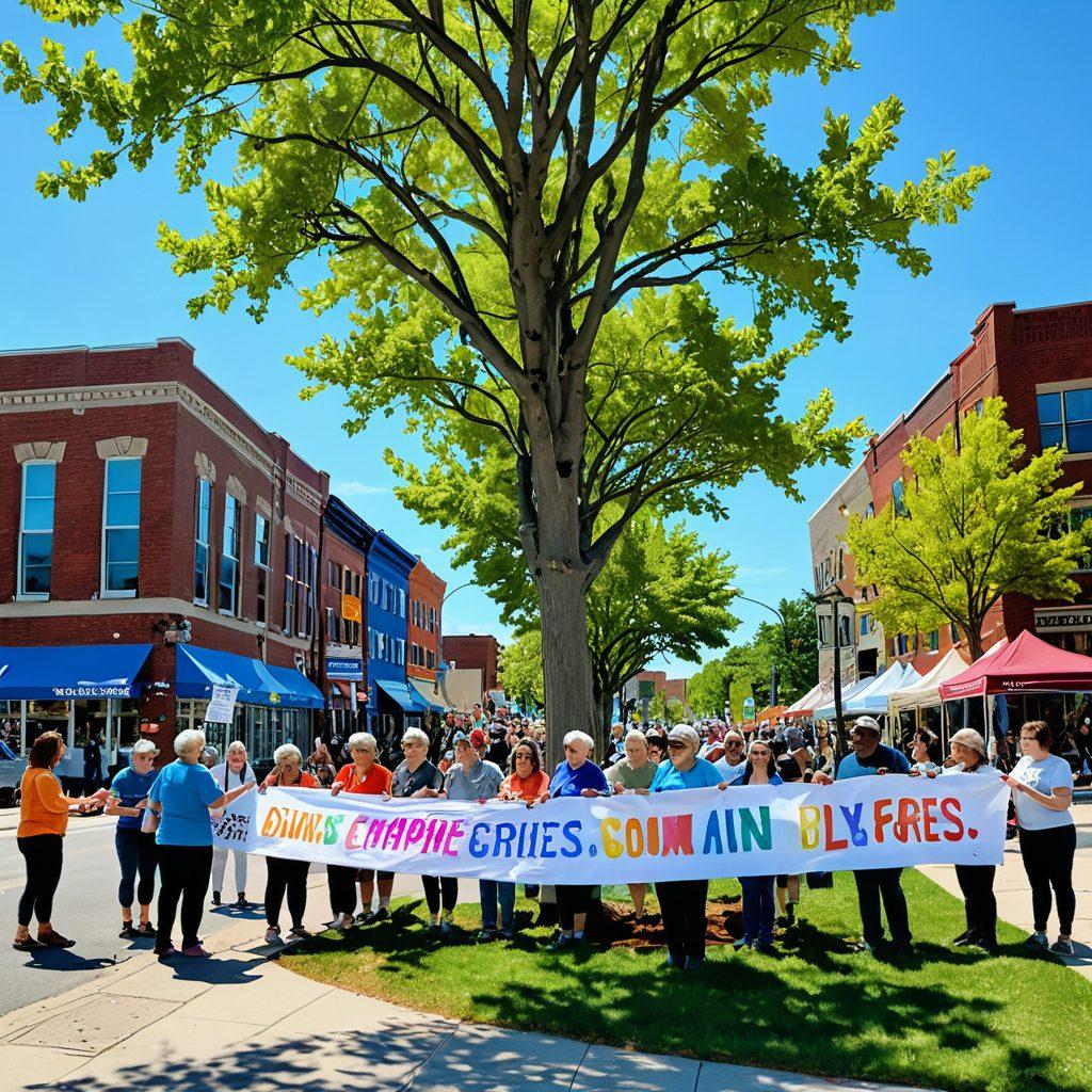 A vibrant community gathering in Somerville, showcasing diverse local organizations uniting to uplift residents. Feature smiling individuals of different ages and backgrounds engaging in joyful activities, like planting trees and sharing food. Include colorful banners with messages of solidarity and hope, set against a sunny skyline. Emphasize a sense of togetherness and positivity. super-realistic. vibrant colors. 3D.