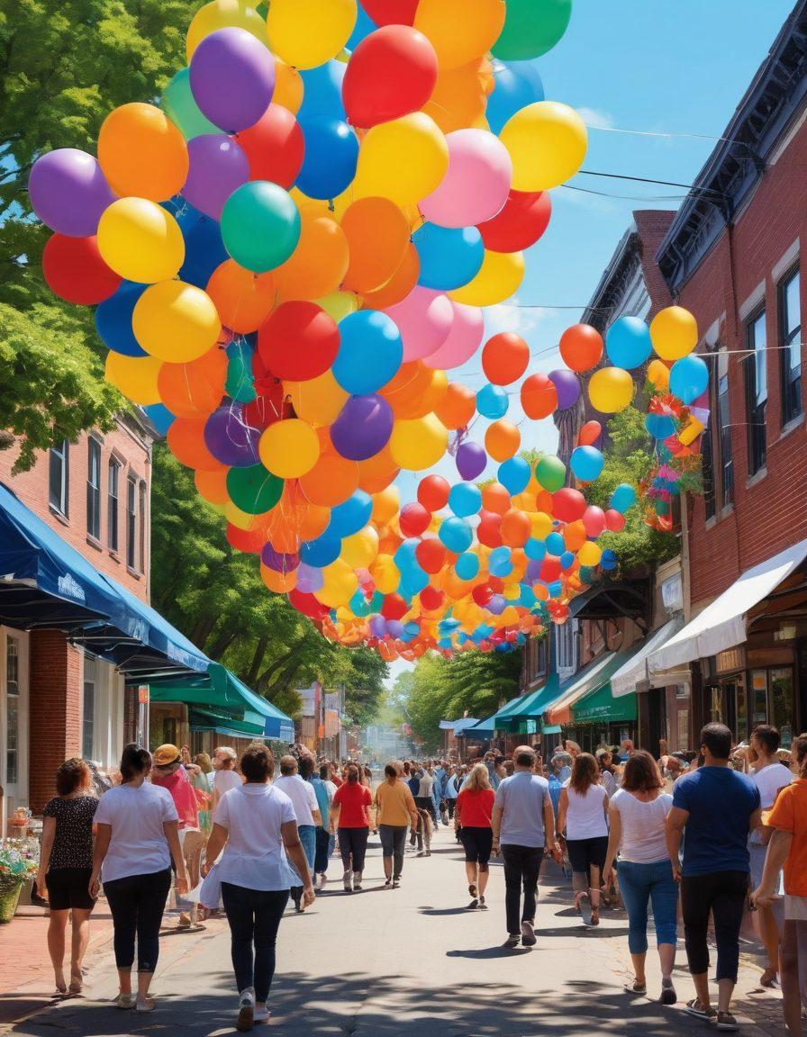 A vibrant community gathering in Somerville, showcasing individuals of diverse backgrounds sharing stories and resources. Include colorful banners promoting local events, joyful faces, and elements of hope such as balloons and flowers. The background features iconic Somerville landmarks and greenery, emphasizing community spirit. bright colors. cheerful atmosphere. digital painting.