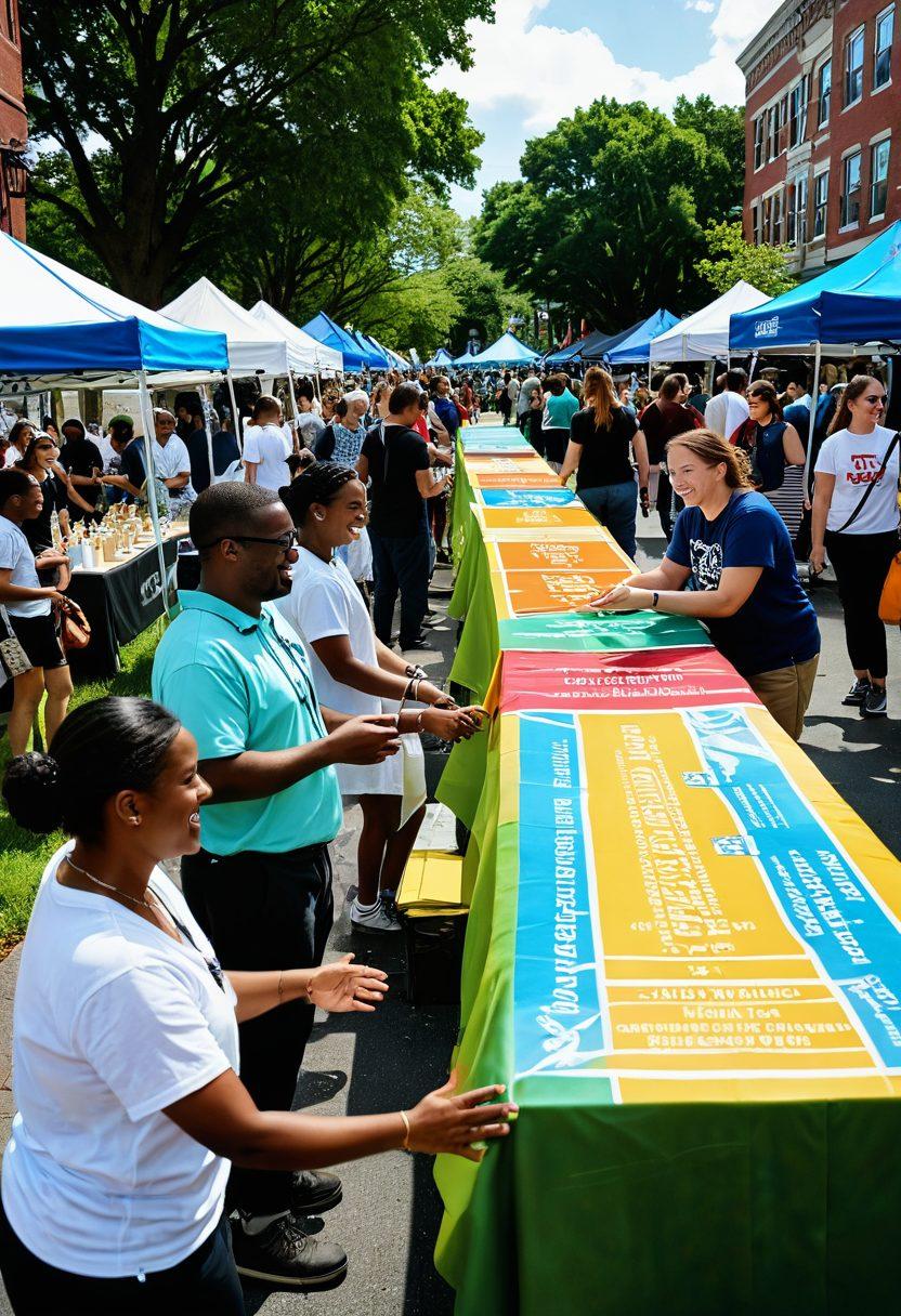 A vibrant, bustling scene showcasing diverse community members engaging in a local event in Somerville, with colorful booths displaying city services, smiling faces, and interactive activities that foster hope and connection. Include green parks, city buildings in the backdrop, and banners representing local initiatives. Emphasize warmth and inclusivity with bright colors and joyful expressions. super-realistic. vibrant colors. community-focused.